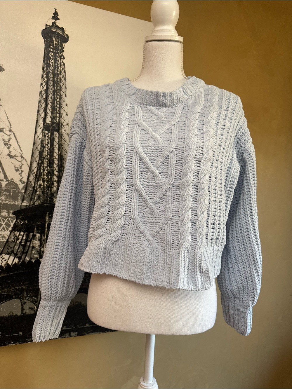 Altar'd State Light Blue Cable Knit Crewneck Sweater Oversized Cropped
